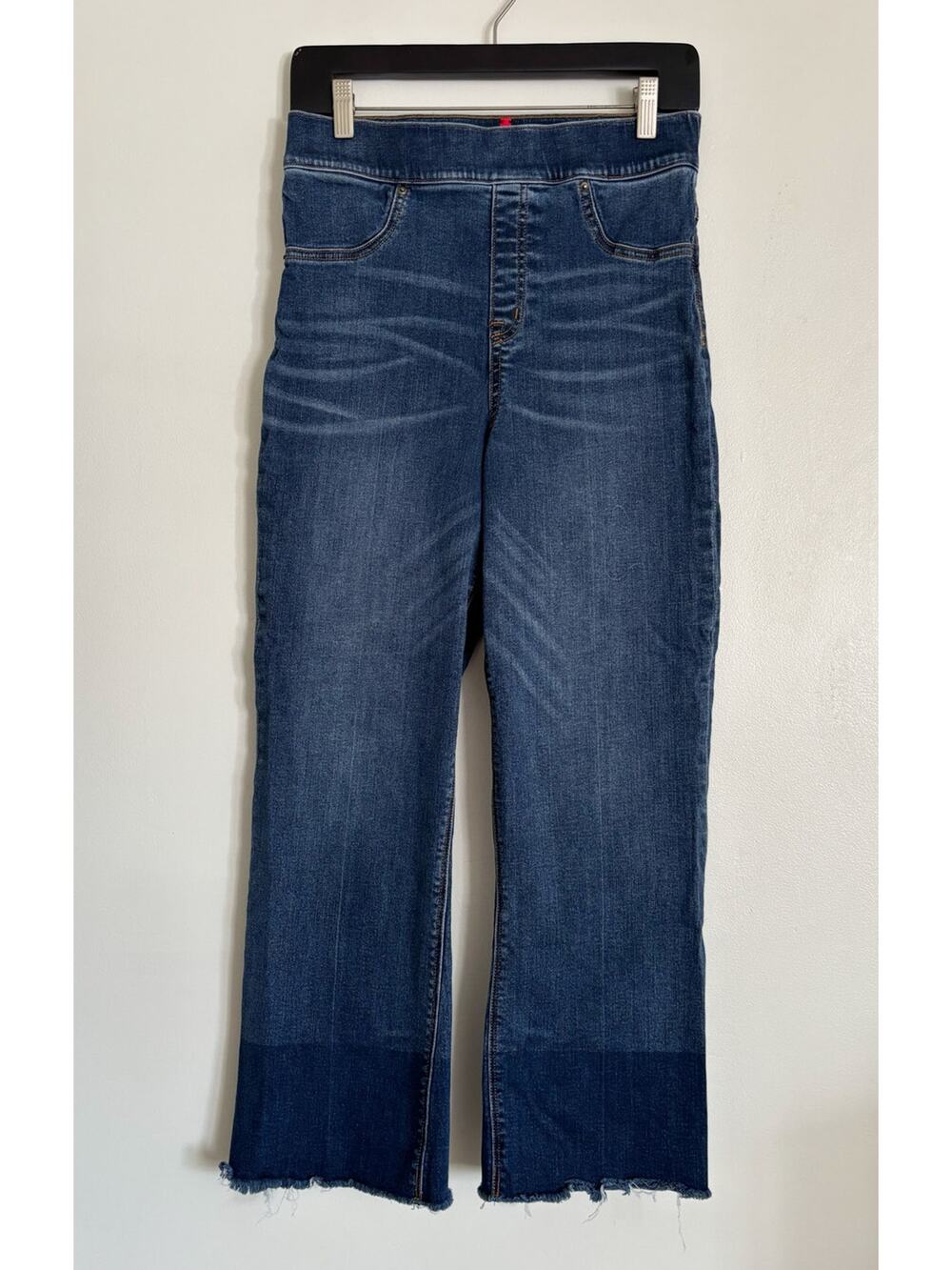 Medium Wash Spanx Cropped Flare Raw Hem Jeans M